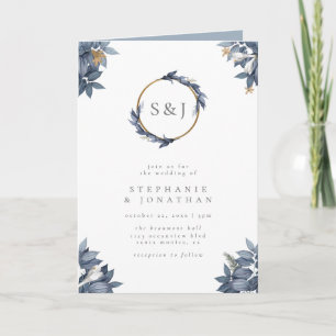 Dusty Blue Blätter & Gold Glitzer Monogram Wedding Einladung