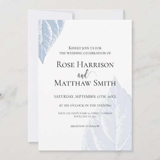 Dusty Blue Blätter Hochzeitseinladung Einladung (Vorderseite)