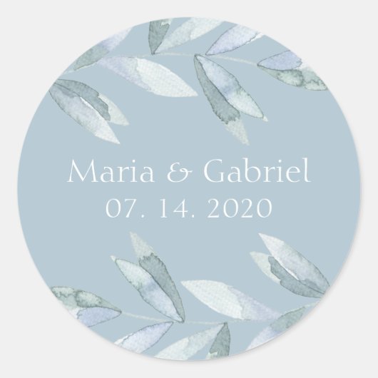 Dusty Blue Blätter Personalisierte Hochzeit Runder Aufkleber (Vorderseite)