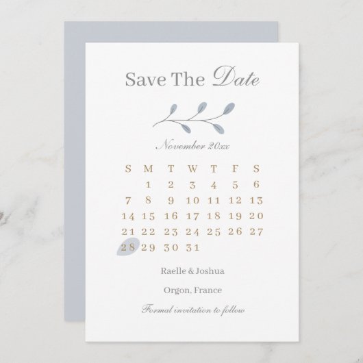 Dusty Blue Blätter Save the Date Hochzeit Minimali Einladung (Vorne/Hinten)