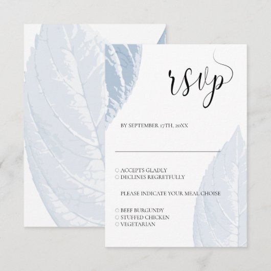 Dusty blue Blätter Wedding RSVP card Karte (Vorne/Hinten)