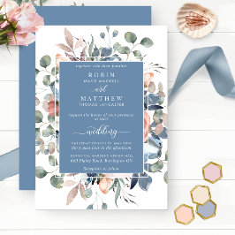 Dusty Blue Blissful Blumen und Grüne Hochzeit Einladung