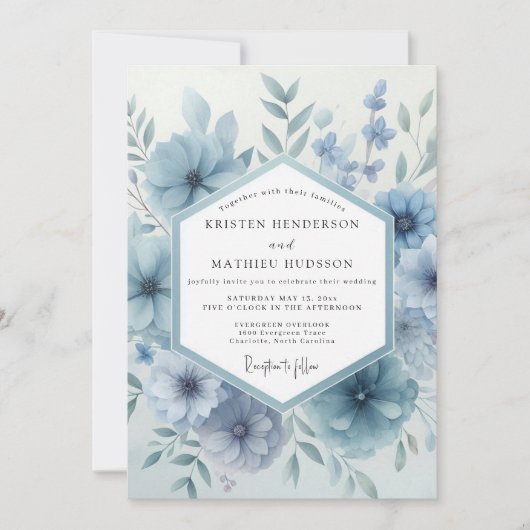 Dusty Blue Bloom Botanical Wedding Einladung (Vorderseite)
