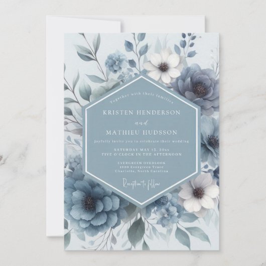 Dusty Blue Bloom Romance Wedding Einladung (Vorderseite)