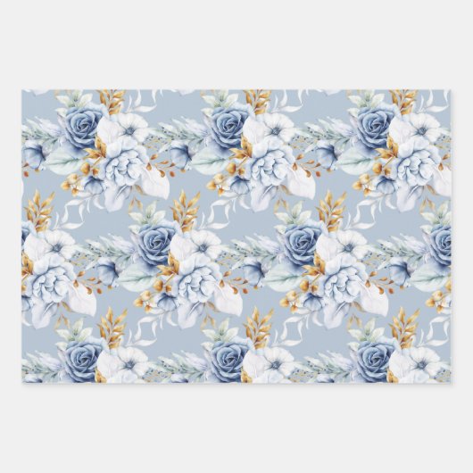 Dusty Blue Blue Blue Blue Gold Floral Wedding Geschenkpapier Set (Vorderseite 2)