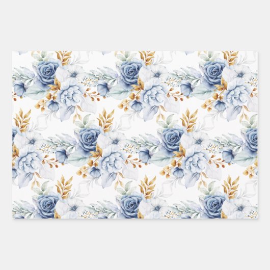 Dusty Blue Blue Blue Blue Gold Floral Wedding Geschenkpapier Set (Vorderseite)