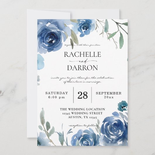 Dusty Blue & Blue Floral Wedding Einladung (Vorderseite)