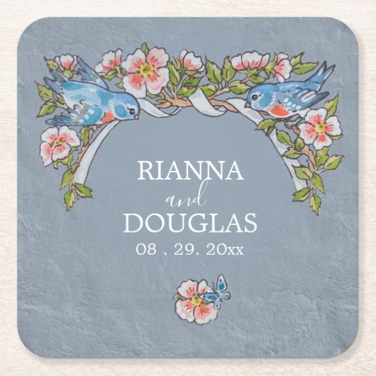 Dusty Blue Bluebird Rustikale Hochzeit Rechteckiger Pappuntersetzer (Vorderseite)