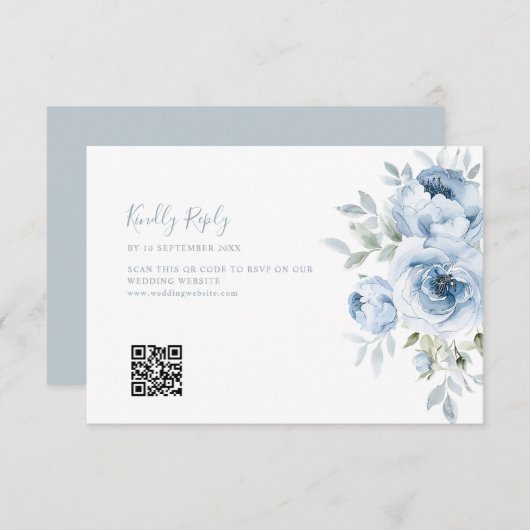 Dusty Blue Blues Hochzeit QR Code RSVP Karte (Vorne/Hinten)