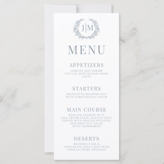 Dusty Blue Blues Klassik Boho Hochzeitsmenü (Vorderseite)