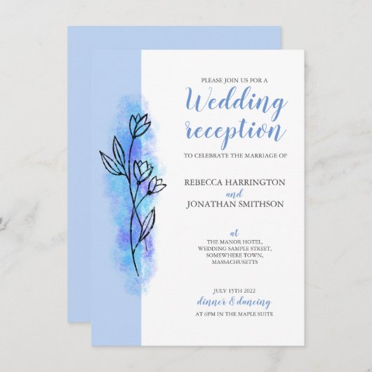 Dusty Blue Blume Modern Wedding Reception Card Einladung (Vorne/Hinten)