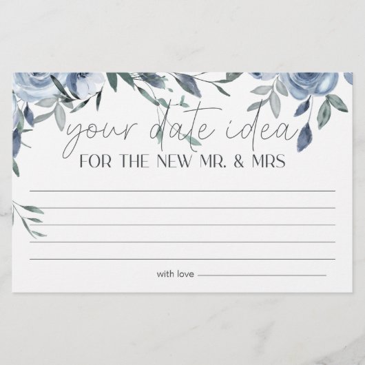 Dusty Blue Blumen Date Night Ideale Duschenspiel Briefpapier (Vorderseite)