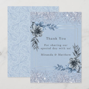 Dusty Blue Blumen Silber Glitter Hochzeit Danke Einladung