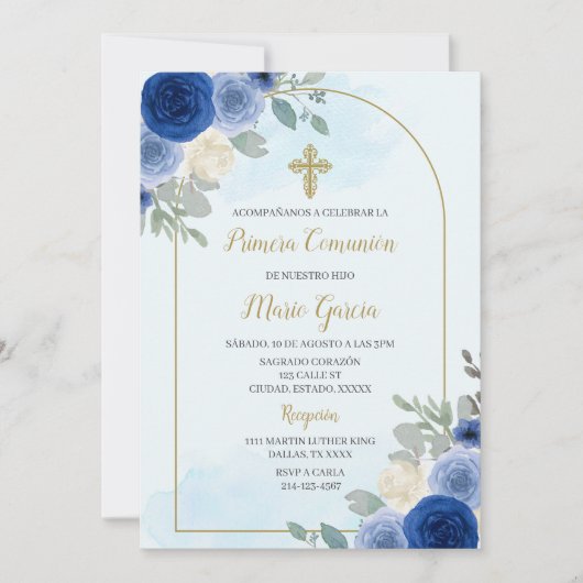 Dusty Blue Blumencomunion Einladung (Vorderseite)