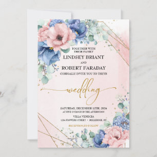 Dusty Blue Blush and Gold Wedding Einladung