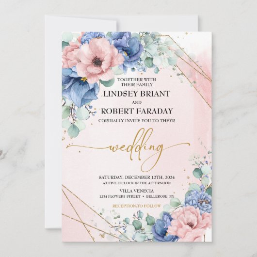 Dusty Blue Blush and Gold Wedding Einladung (Vorderseite)