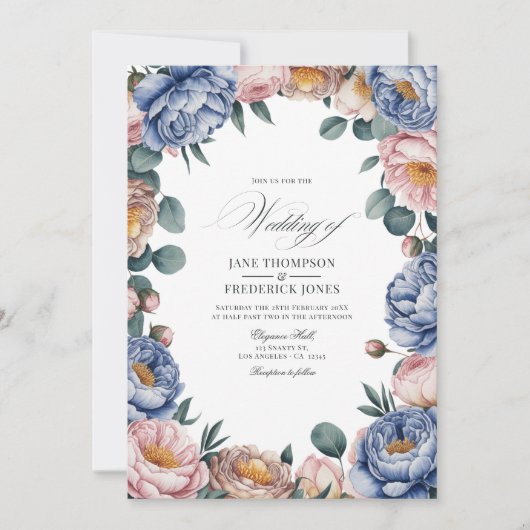Dusty Blue, Blush, and Warm Taupe Floral Wedding Einladung (Vorderseite)
