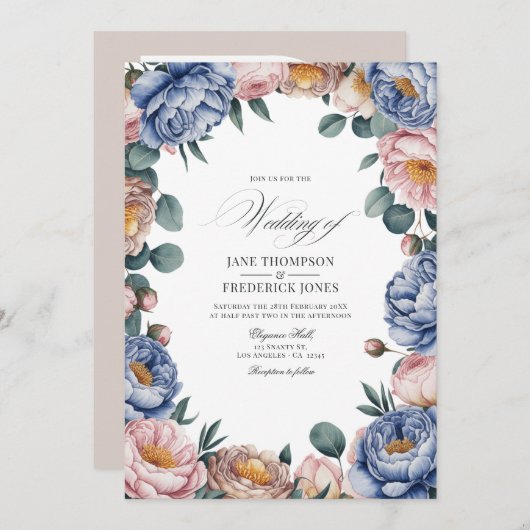 Dusty Blue, Blush, and Warm Taupe Floral Wedding Einladung (Vorne/Hinten)