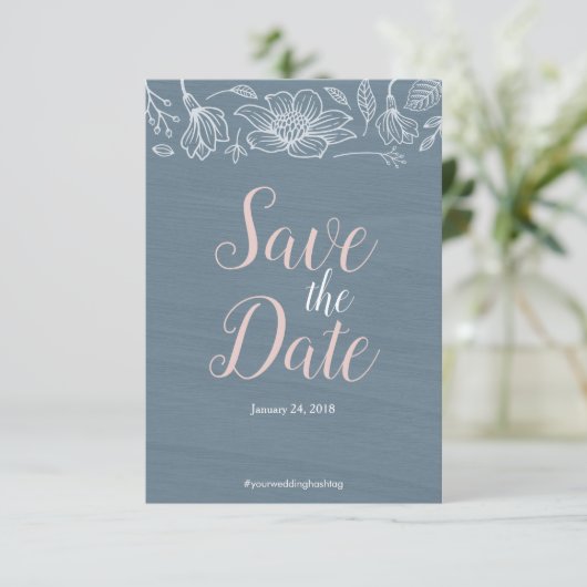 Dusty Blue & Blush Blume Hochzeit speichern das Da Save The Date (Stehend Vorderseite)