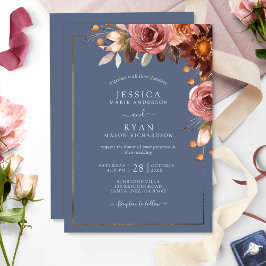 Dusty Blue, Blush Burgundy Bloral Wedding Einladung