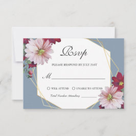 Dusty Blue Blush Burgundy Floral Gold Wedding RSVP Karte