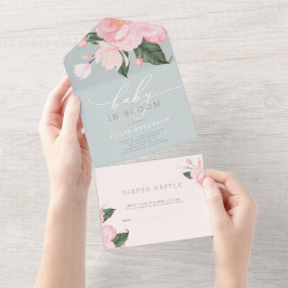 Dusty Blue Blush Floral Girl Baby in Blütendusche All In One Einladung