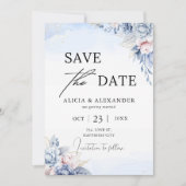 Dusty Blue Blush Gold Floral Save the Date Einladung (Vorderseite)