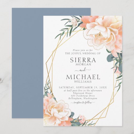 Dusty Blue Blush Gold Peach Floral Wedding Einladung (Vorne/Hinten)