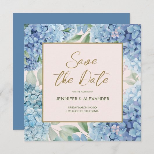 Dusty Blue Blush Hydrangea Square Save the Date Einladung (Vorne/Hinten)