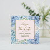 Dusty Blue Blush Hydrangea Square Save the Date Einladung (Stehend Vorderseite)