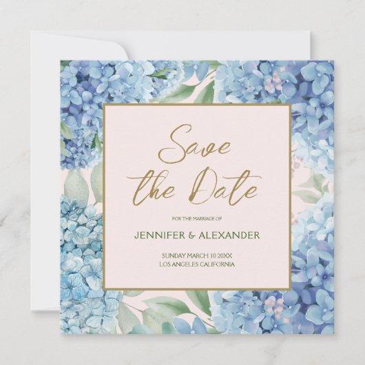 Dusty Blue Blush Hydrangea Square Save the Date Einladung (Vorderseite)