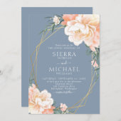 Dusty Blue Blush Peach Gold Floral Wedding Einladung (Vorne/Hinten)