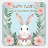 Dusty Blue Blush Pink Blume Bunny Rabbit Oster Quadratischer Aufkleber (Vorderseite)