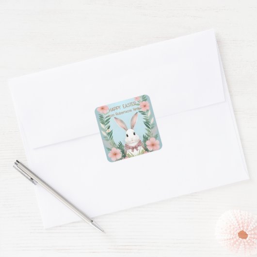 Dusty Blue Blush Pink Blume Bunny Rabbit Oster Quadratischer Aufkleber (Umschlag)