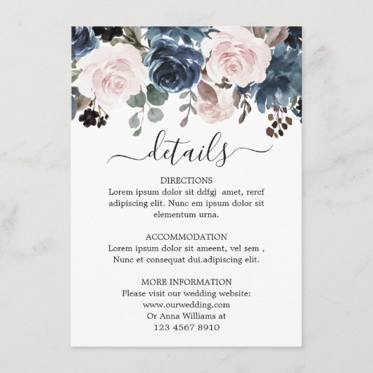 Dusty Blue Blush Pink Botanische Hochzeit mit flor Begleitkarte (Vorderseite)