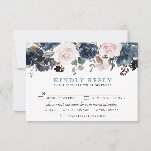 Dusty Blue Blush Pink Botanische Hochzeit mit flor RSVP Karte (Vorderseite)