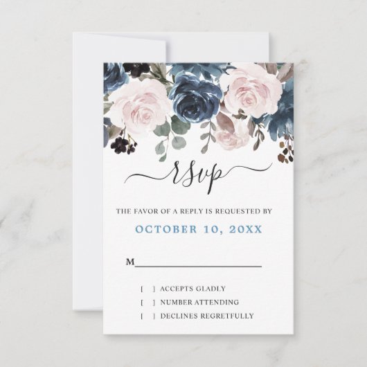Dusty Blue Blush Pink Botanische Hochzeit mit flor RSVP Karte (Vorderseite)