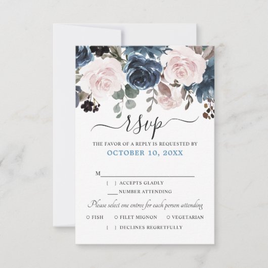 Dusty Blue Blush Pink Botanische Hochzeit mit flor RSVP Karte (Vorderseite)