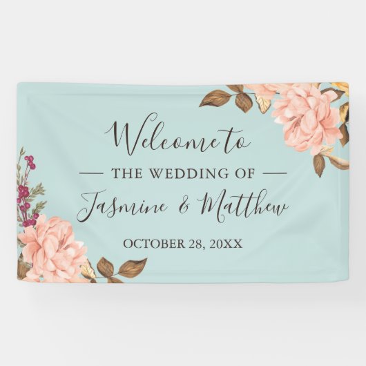 Dusty Blue Blush Pink Elegante Hochzeitsfeier Banner (Horizontal)