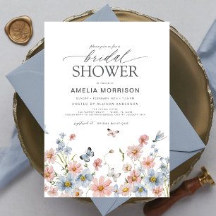 Dusty Blue Blush Pink Elegantes Garden Brautparty Einladung