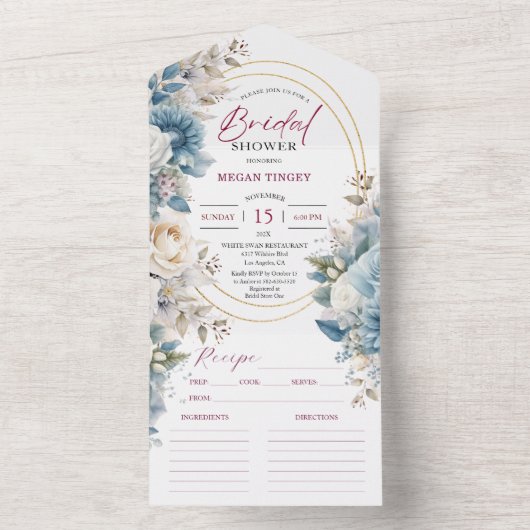 Dusty Blue Blush Pink Floral Brautparty All In One Einladung (Innen Boden)