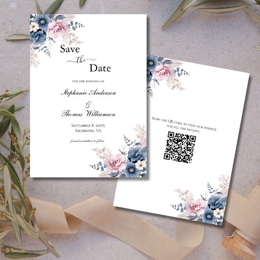 Dusty Blue Blush Pink Floral Eleganter QR-Code Save The Date