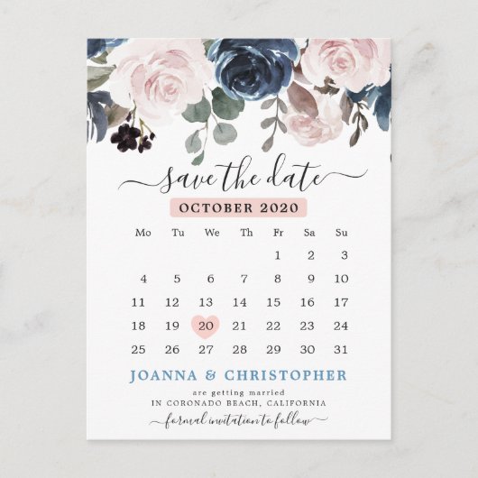 Dusty Blue Blush Pink Floral Save the Date Ankündigungspostkarte (Vorderseite)