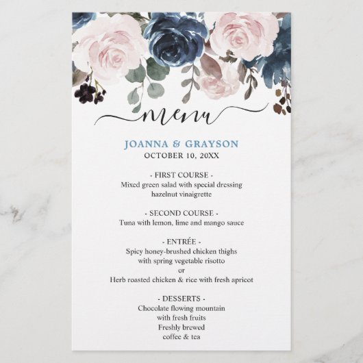 Dusty Blue Blush Pink Floral Wedding Menu (Vorderseite)
