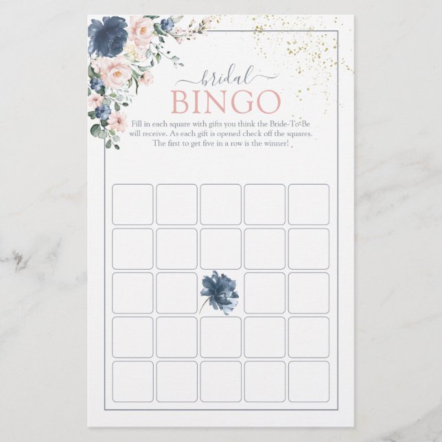 Dusty Blue Blush Pink Gold Bridal Bingo Spiel (Vorderseite)