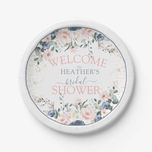 Dusty Blue Blush Pink Gold Floral Brautparty Pappteller (Vorderseite)