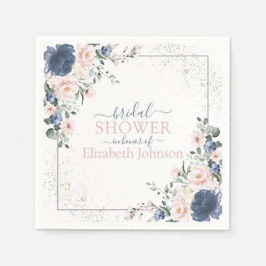 Dusty Blue Blush Pink Gold Floral Brautparty Serviette (Vorderseite)