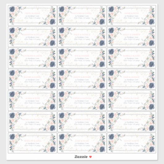 Dusty Blue Blush Pink Gold Floral Gastadresse Aufkleber (Blatt)