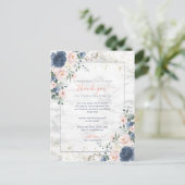 Dusty Blue Blush Pink Gold Floral Wedding Danke Postkarte (Stehend Vorderseite)