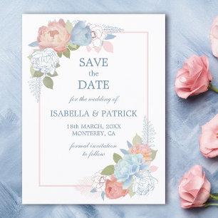 Dusty Blue Blush Pink Rose Save the Date blauer Ro Postkarte
